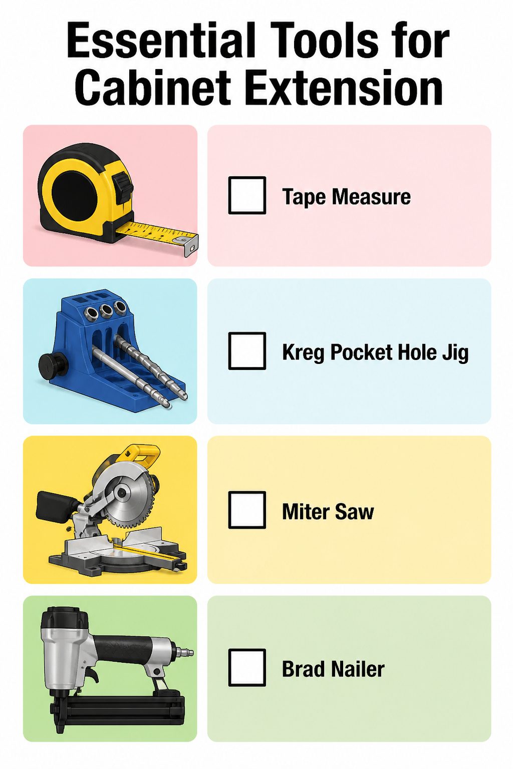 Extending Kitchen Cabinets to the Ceiling: A Complete Guide 13 Tools needed for extending kitchen cabinets displayed on a workbench.