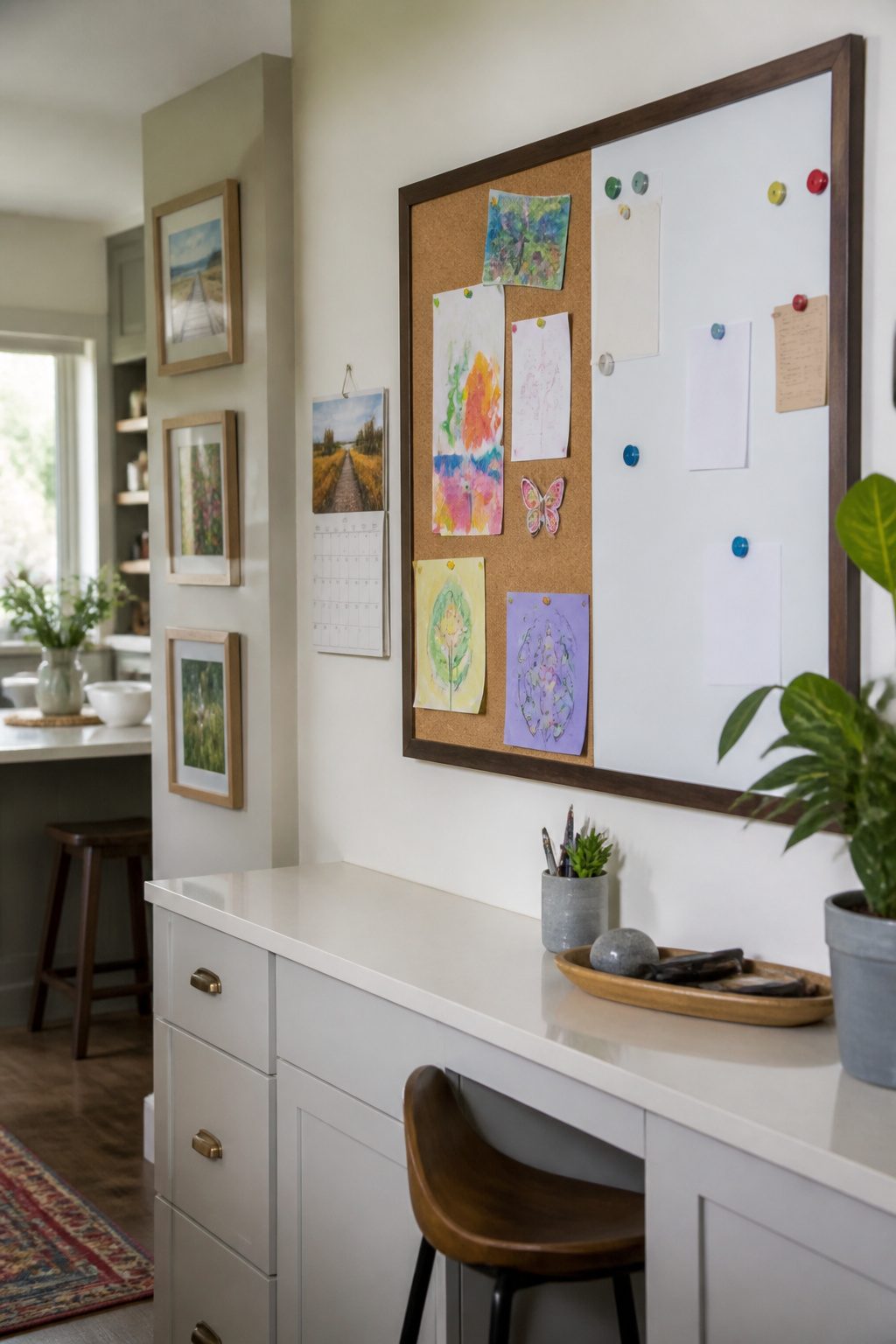 10 Family Command Center Ideas That Actually Work in 2026 7 A memo board with a cork section for artwork and a dry-erase section for reminders.