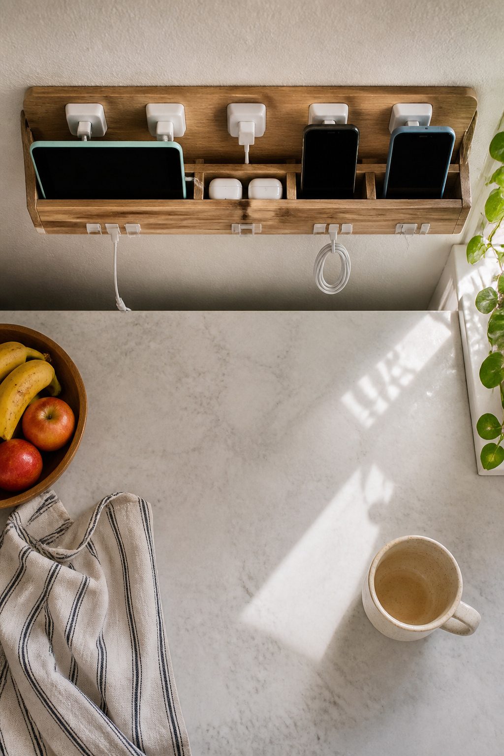 10 Family Command Center Ideas That Actually Work in 2026 6 A wall-mounted surge protector with spaced outlets for charging devices.