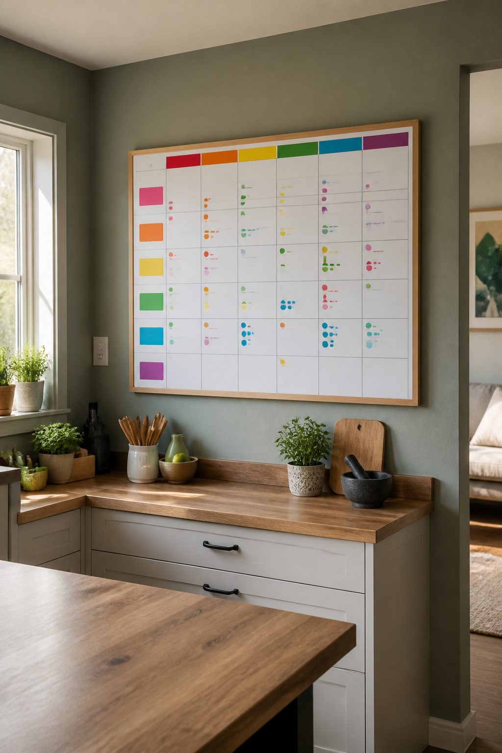 10 Family Command Center Ideas That Actually Work in 2026 1 A colorful dry erase board calendar with entries for each family member.