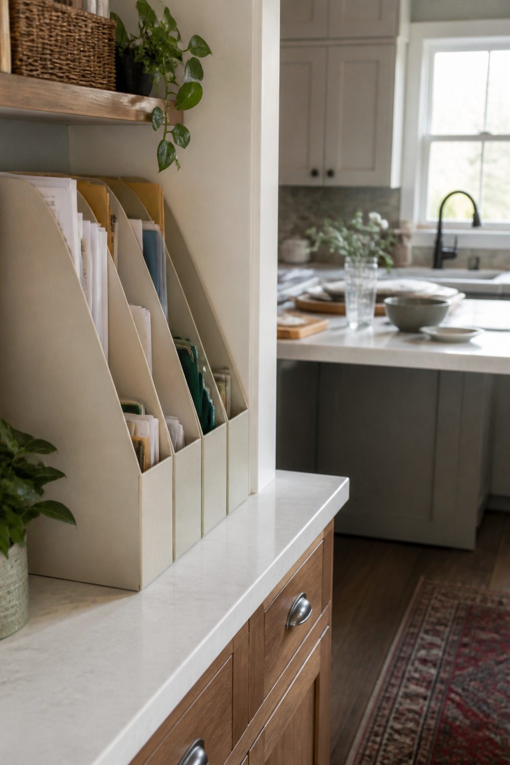 10 Family Command Center Ideas That Actually Work in 2026 9 A magazine file organizer with labeled slots for various family documents.