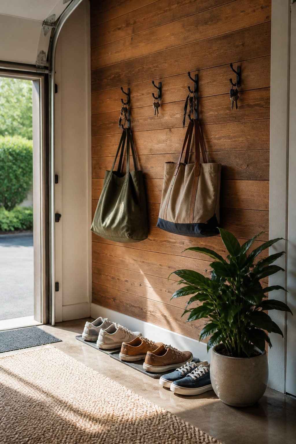 10 Family Command Center Ideas That Actually Work in 2026 5 A rail system with hooks for bags and keys, set against a rustic wood backdrop.