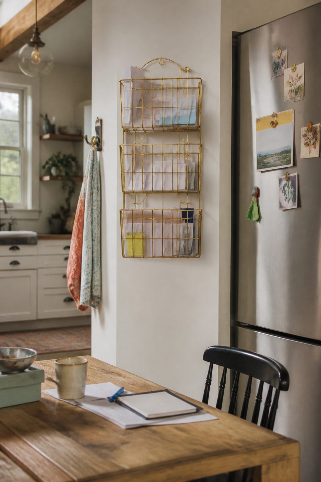 10 Family Command Center Ideas That Actually Work in 2026 2 A wire mail organizer with adjustable baskets holding sorted mail and papers.