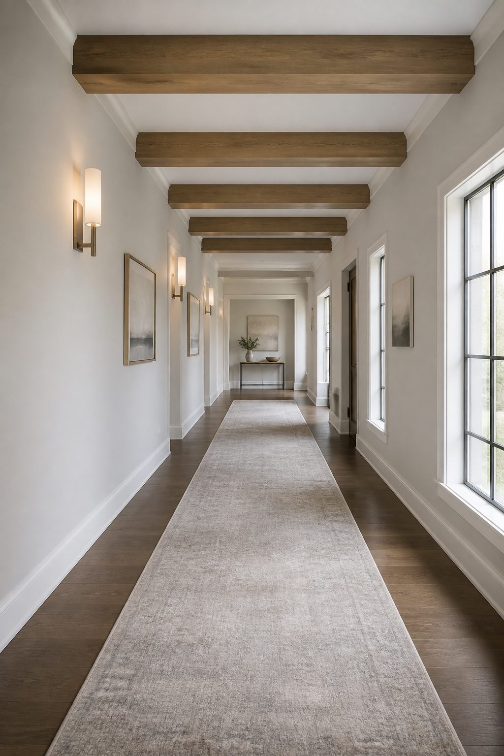 Smaller decorative faux wood beams are mounted on a flat ceiling.