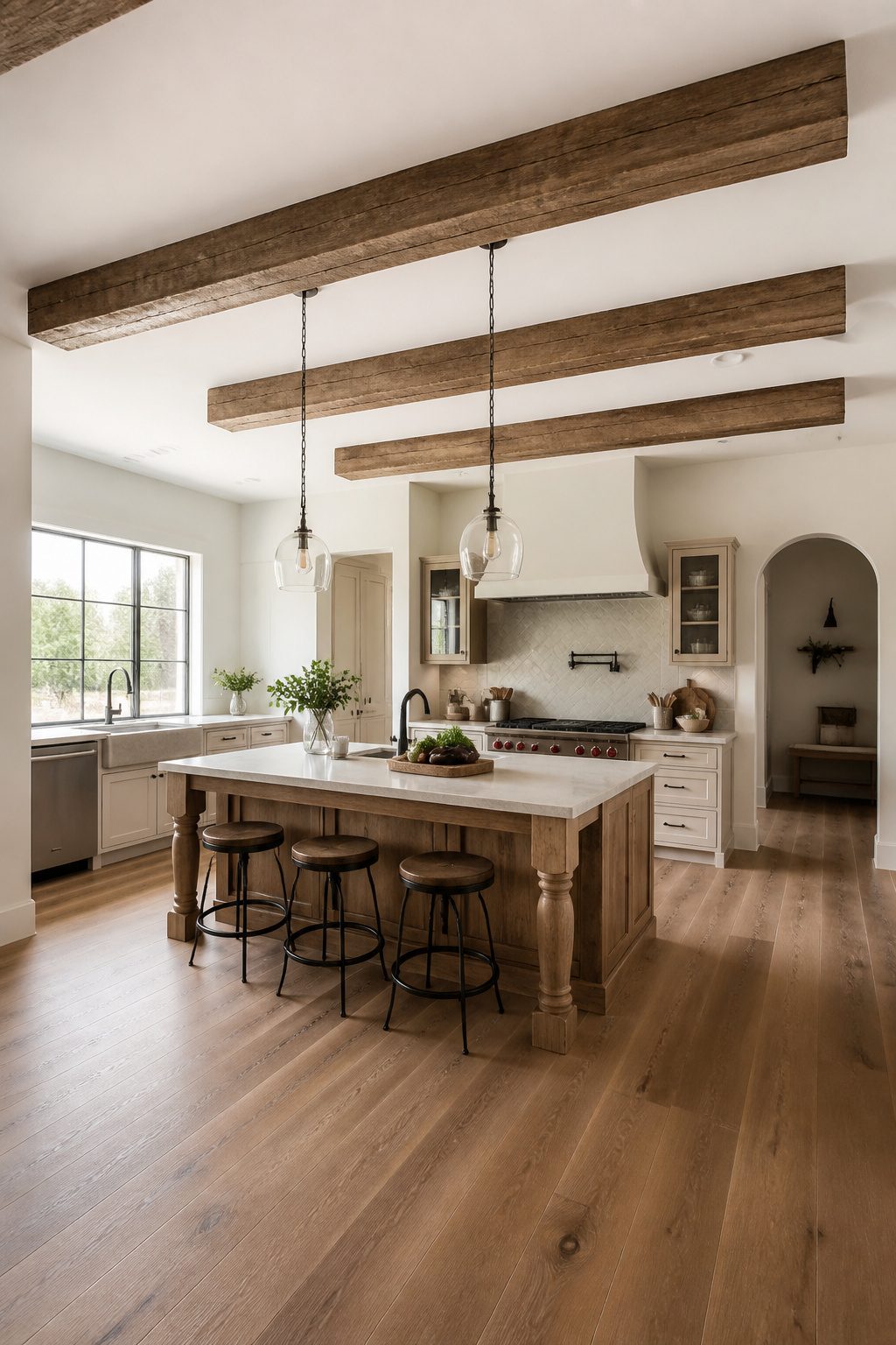 Three faux wood beams are installed across a living room ceiling.