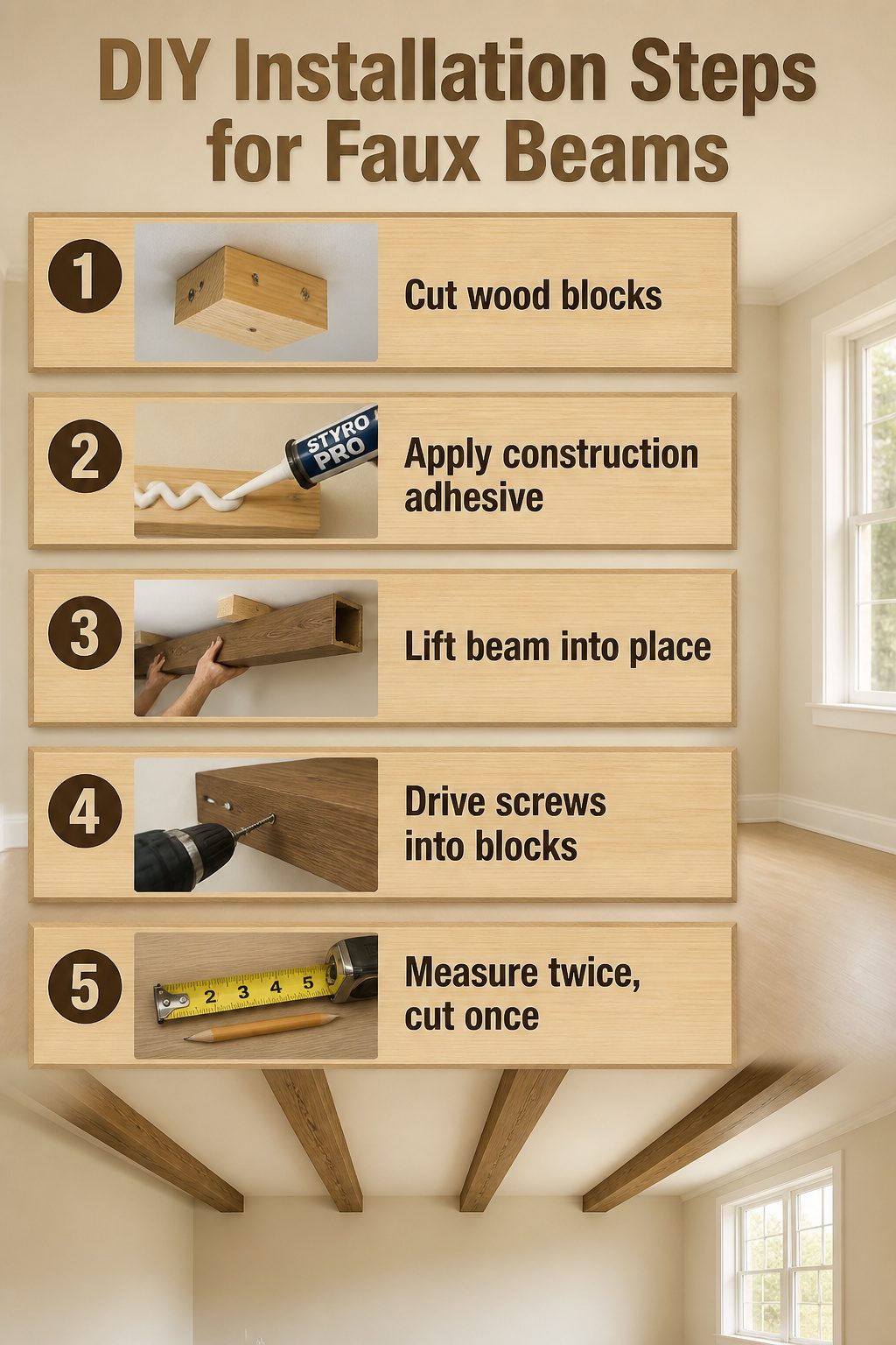 Steps for DIY installation of faux wood beams are outlined.