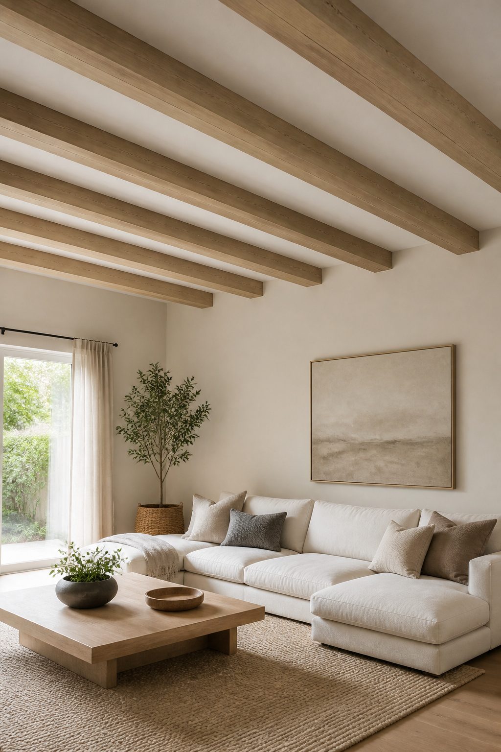 Hollow faux wood beams are installed parallel to the ceiling in a living room.