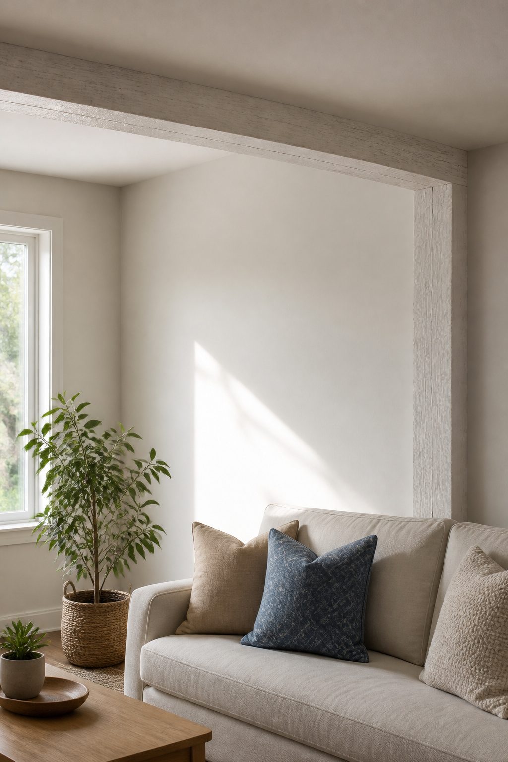 An L-shaped faux wood beam wraps around an inside corner in a living room.