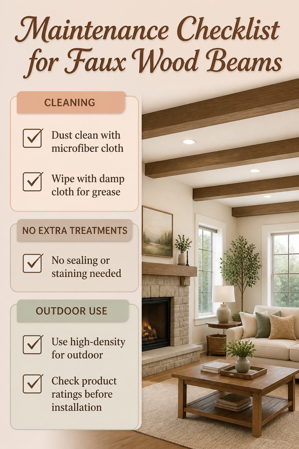 A checklist for maintaining faux wood beams is presented.
