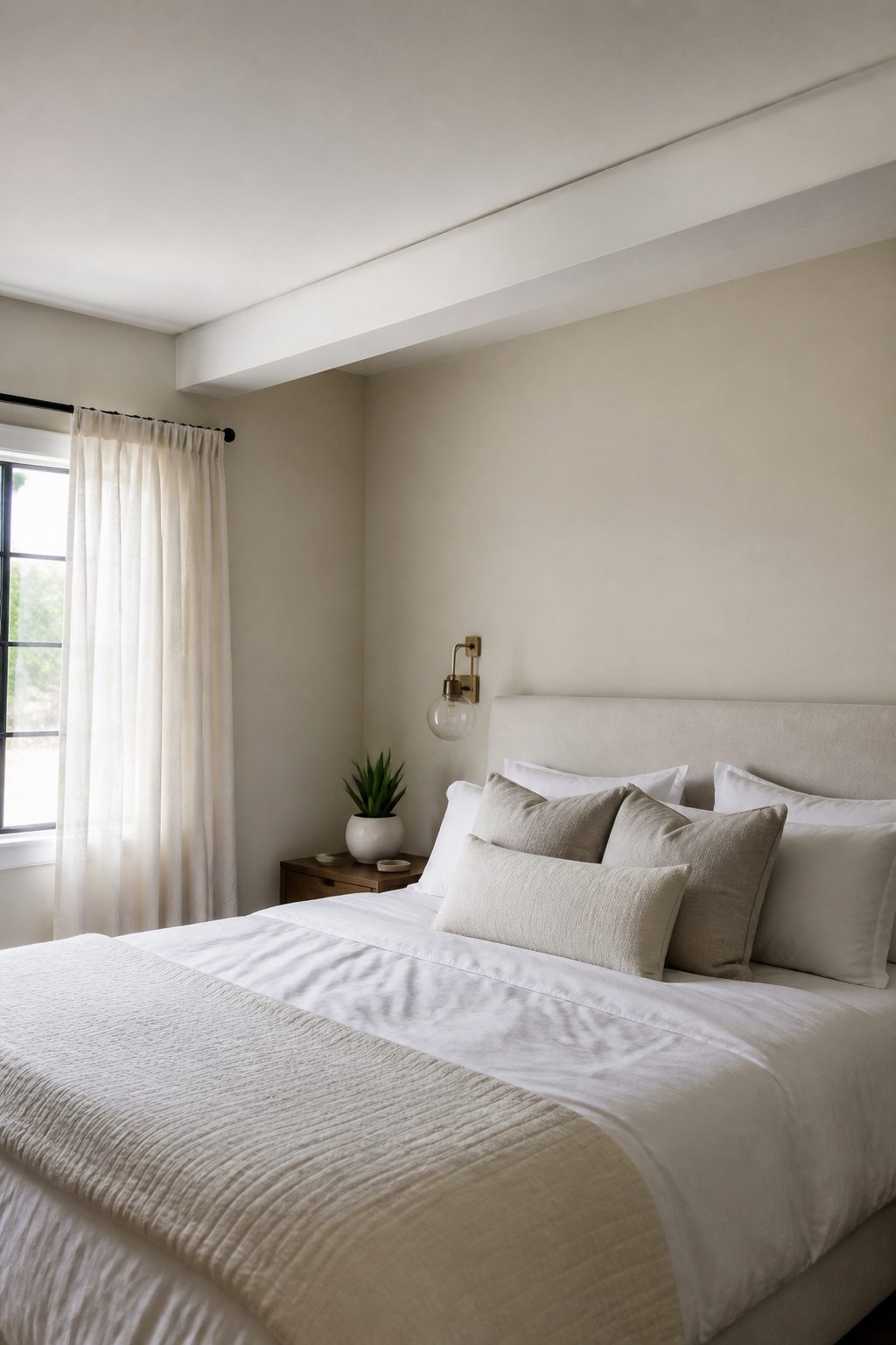 A medium-density fiberboard faux wood beam is installed in a bedroom.