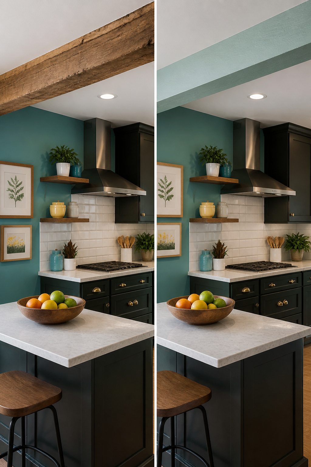 A painted faux wood beam matches the white trim in a room.