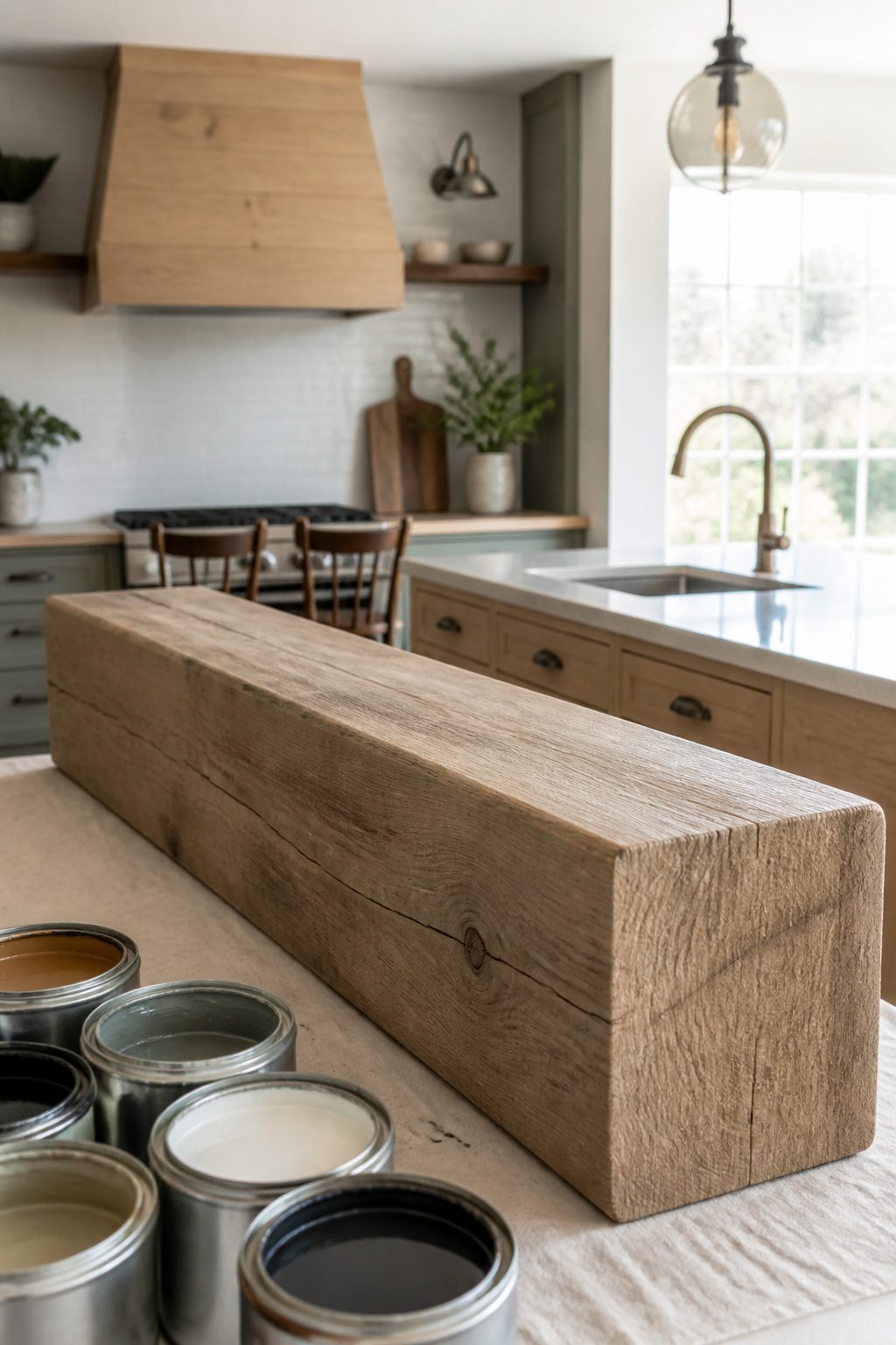 A close-up of a polyurethane faux wood beam in a modern kitchen.