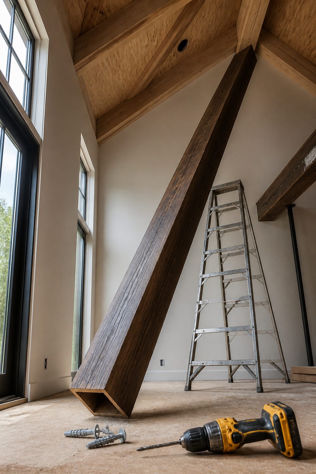 A professional installer works on positioning a faux wood beam.