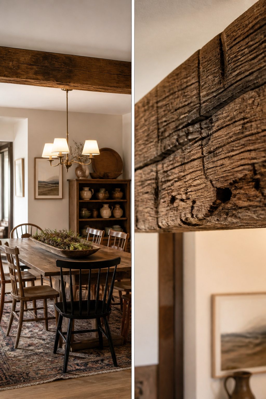 A reclaimed wood faux beam highlights its natural grain and texture.