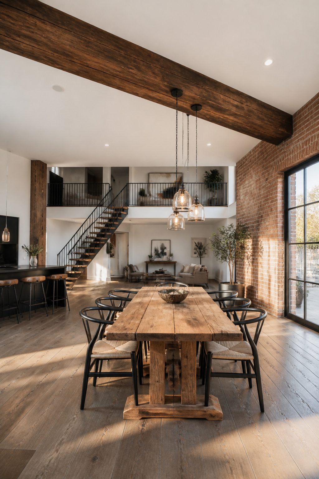 A solid faux wood beam with deep grain runs across a dining room ceiling.