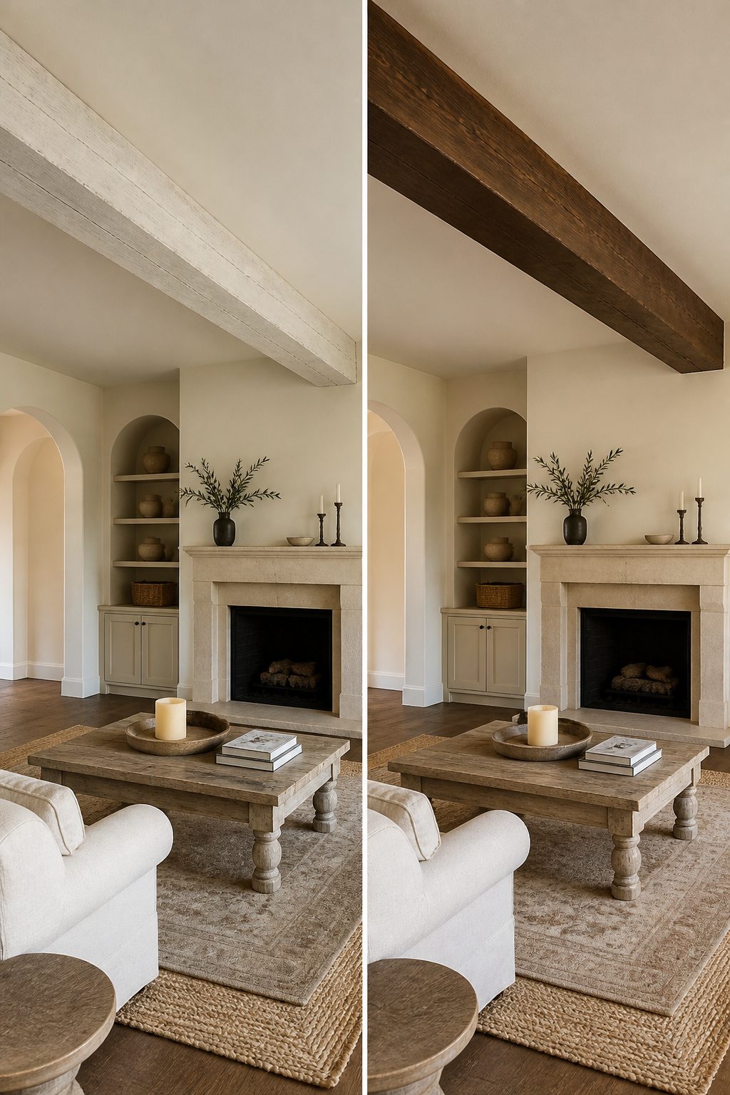 A stained faux wood beam is displayed in a room with matching decor.