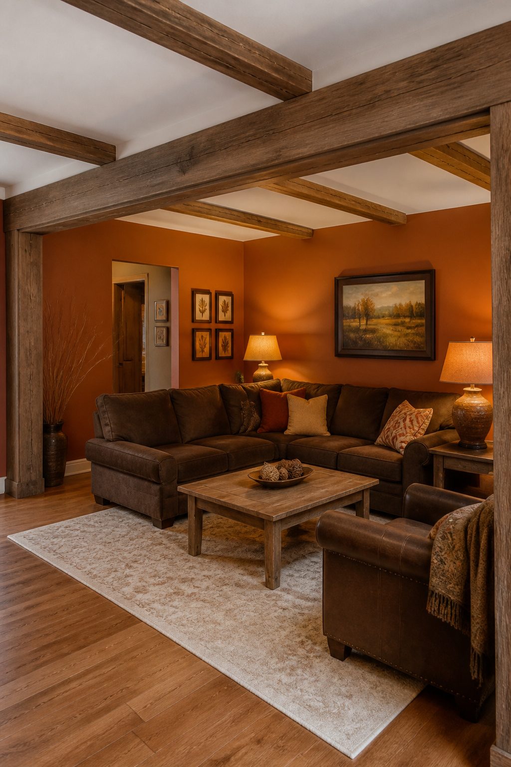 A U-shaped faux wood beam surrounds existing ceiling joists in a room.