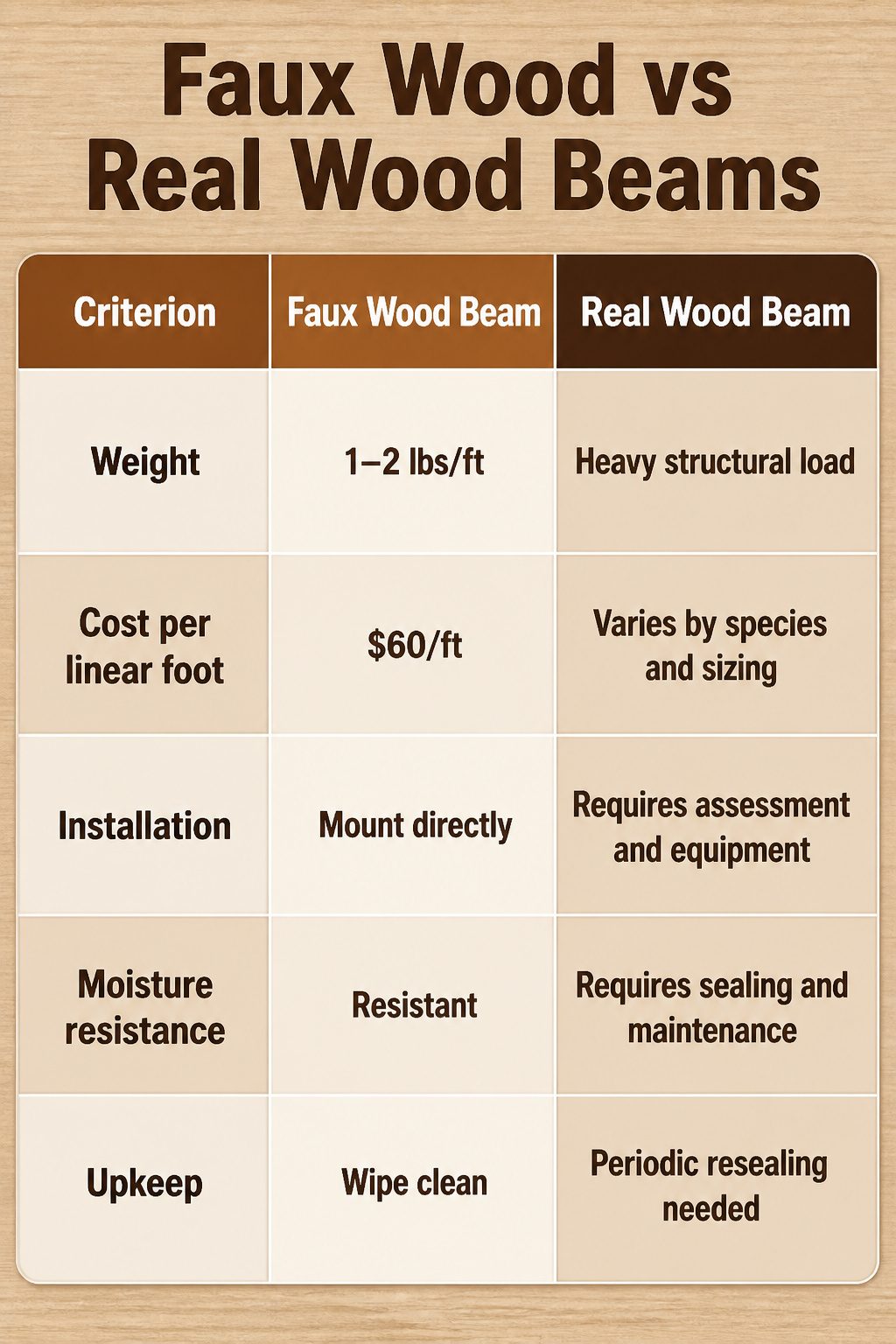 A comparison chart of faux wood beams versus real wood beams.