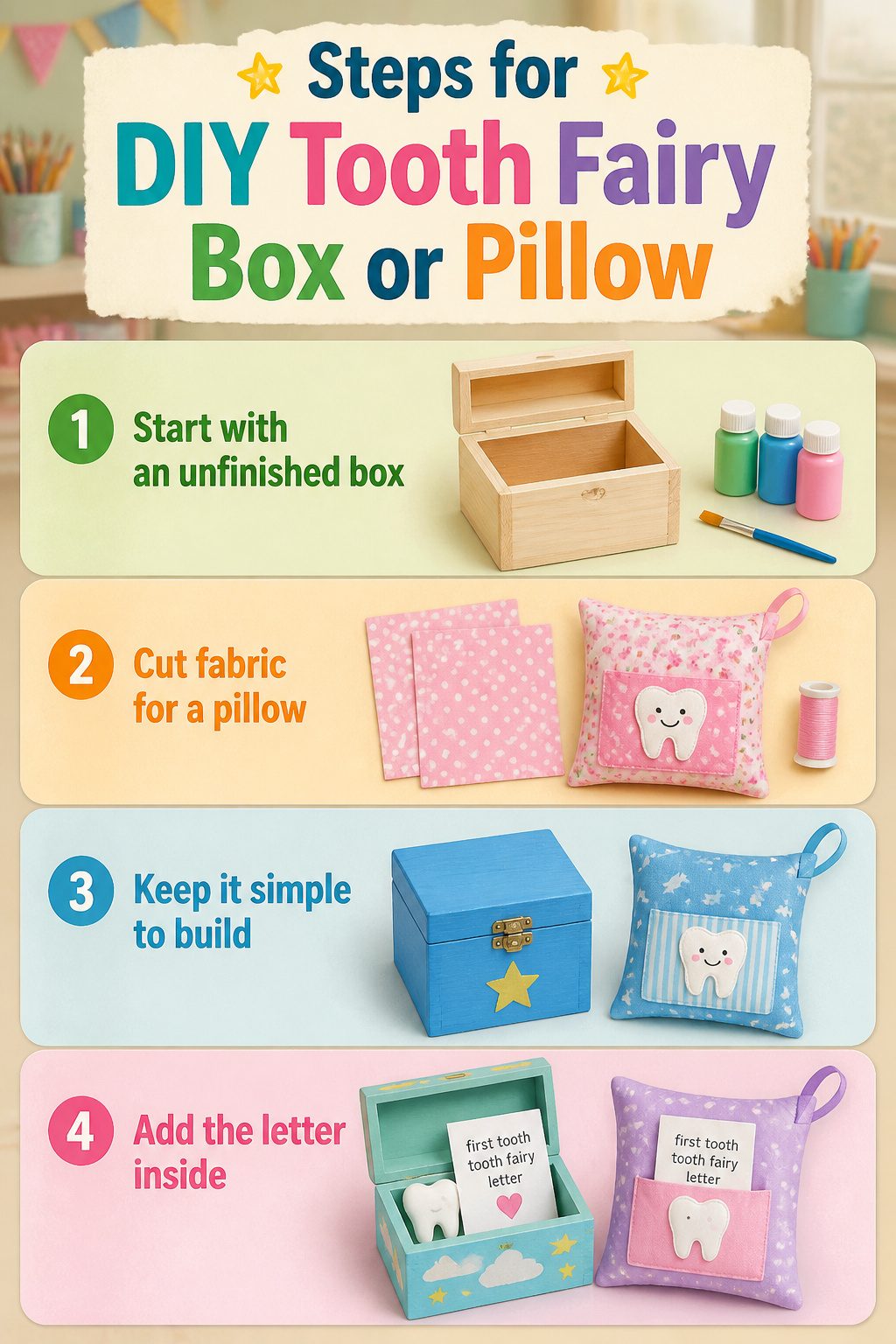 First Tooth Tooth Fairy Letter Ideas for 2026 11 Steps for creating a Tooth Fairy box and pillow from craft materials.