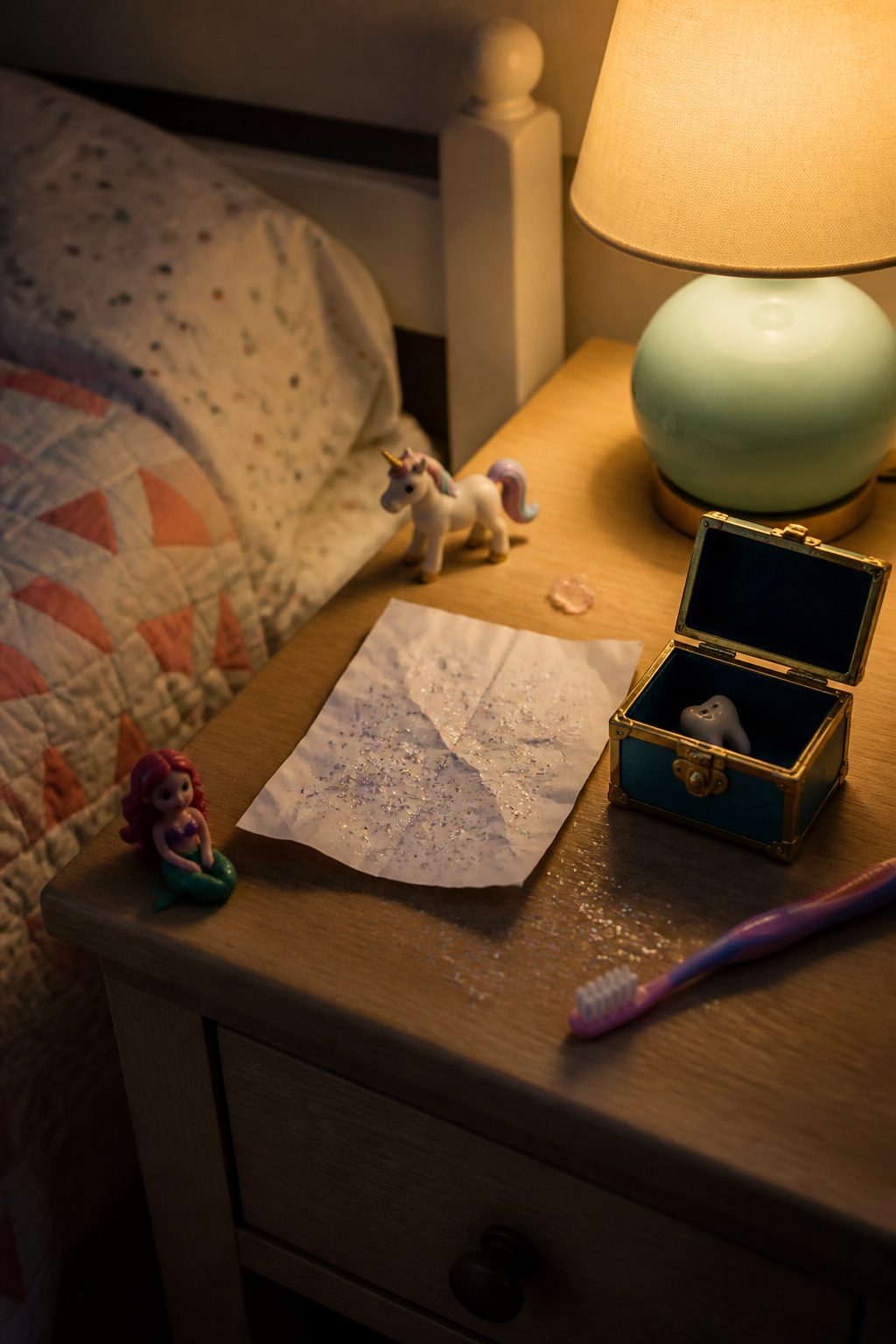 First Tooth Tooth Fairy Letter Ideas for 2026 2 A crumpled apology letter from the Tooth Fairy on a nightstand.