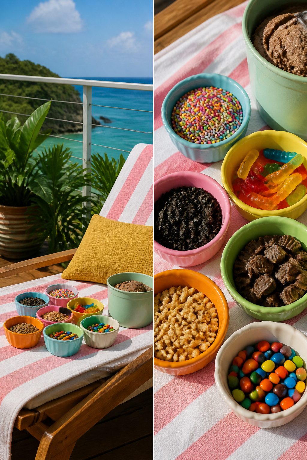 Fish Extender Gift Ideas for Disney Cruise Line (2026) 7 Colorful melamine bowls filled with various ice cream toppings.