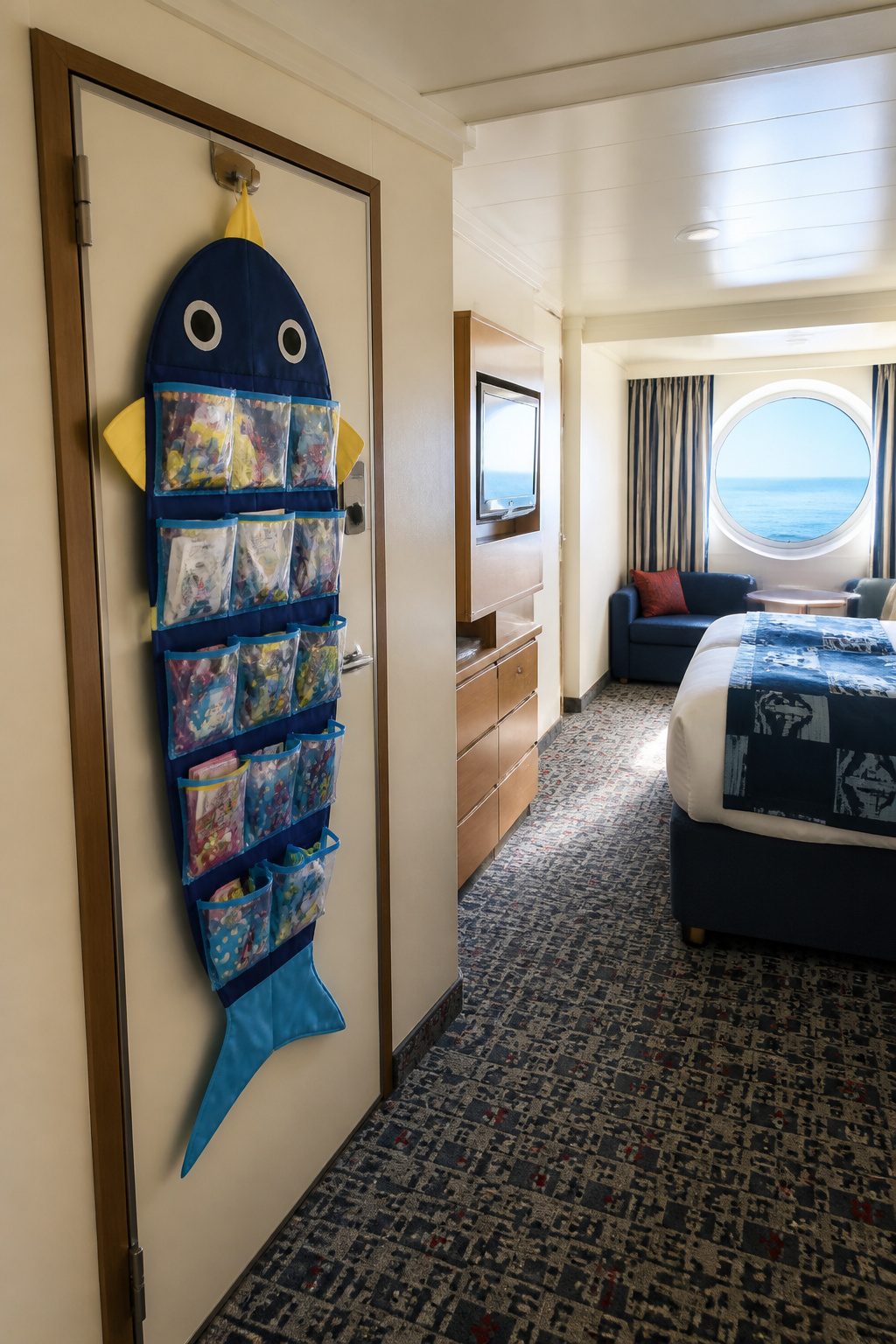 Fish Extender Gift Ideas for Disney Cruise Line (2026) 33 A fabric organizer with pockets hanging on a fish-shaped hook.