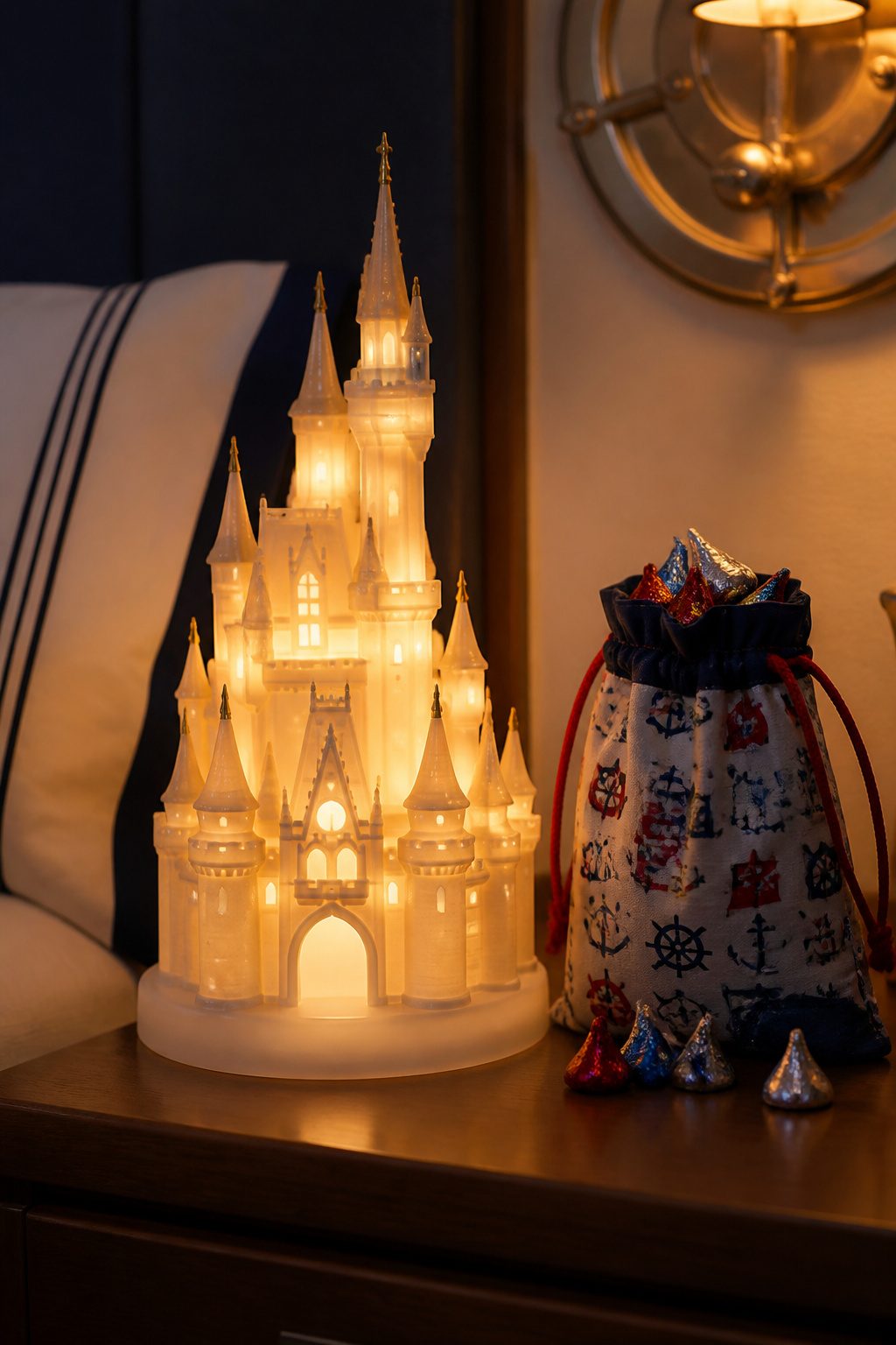 Fish Extender Gift Ideas for Disney Cruise Line (2026) 4 A night light shaped like a Disney castle and a bag of Hershey Kisses.