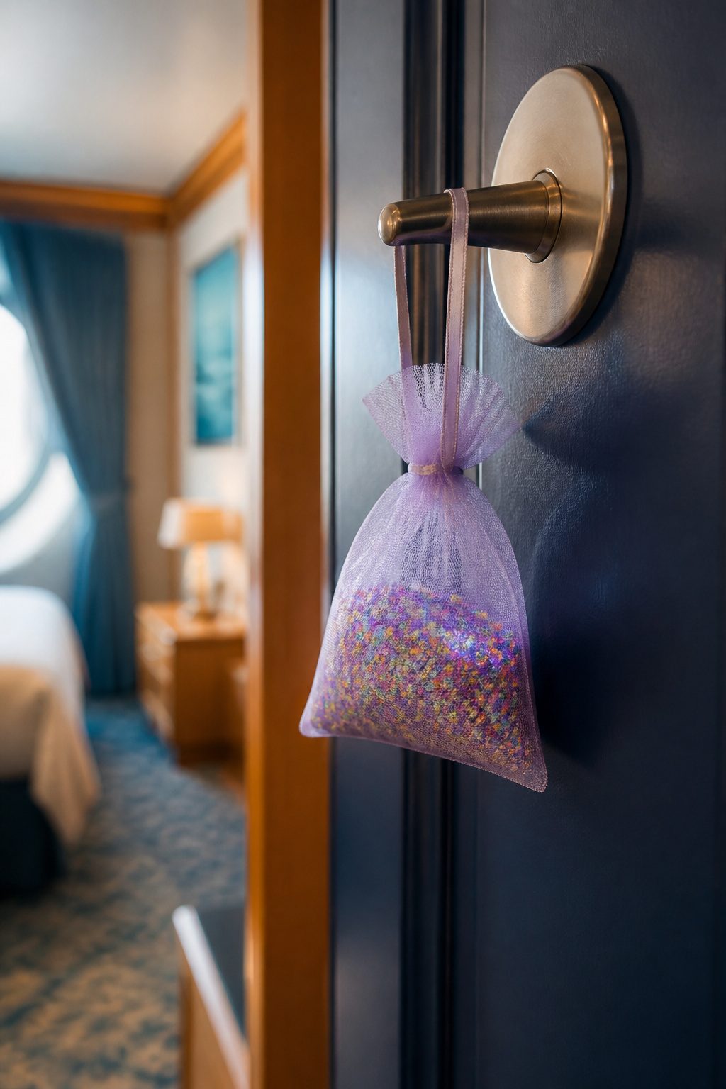 Fish Extender Gift Ideas for Disney Cruise Line (2026) 36 A small gift bag filled with pixie dust hanging on a door hook.