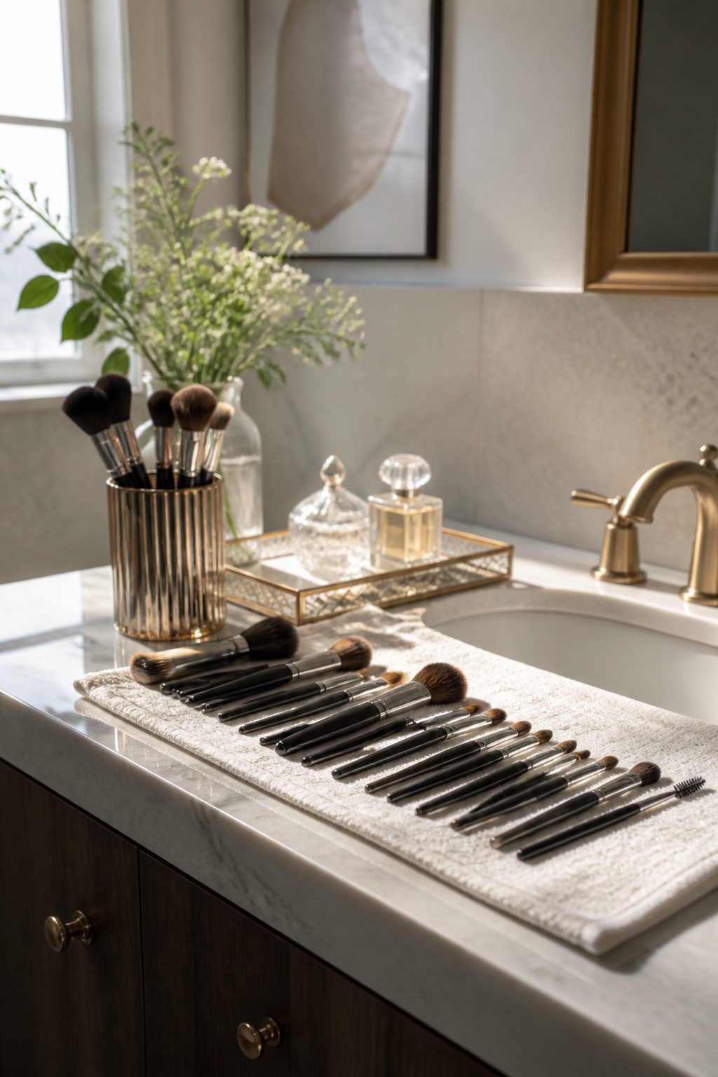 Force of Nature Cleaner Review: What It Cleans and What It Does Not 12 Makeup brushes on a vanity recently cleaned with Force of Nature.