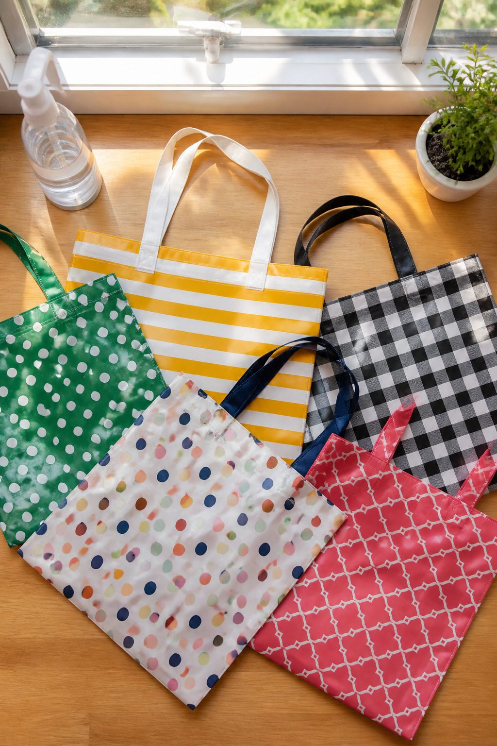 Force of Nature Cleaner Review: What It Cleans and What It Does Not 10 Reusable shopping bags being cleaned with Force of Nature cleaner.
