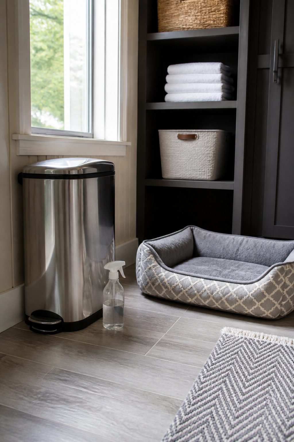 Force of Nature Cleaner Review: What It Cleans and What It Does Not 5 Utility space with a clean trash can and pet bed using Force of Nature cleaner.