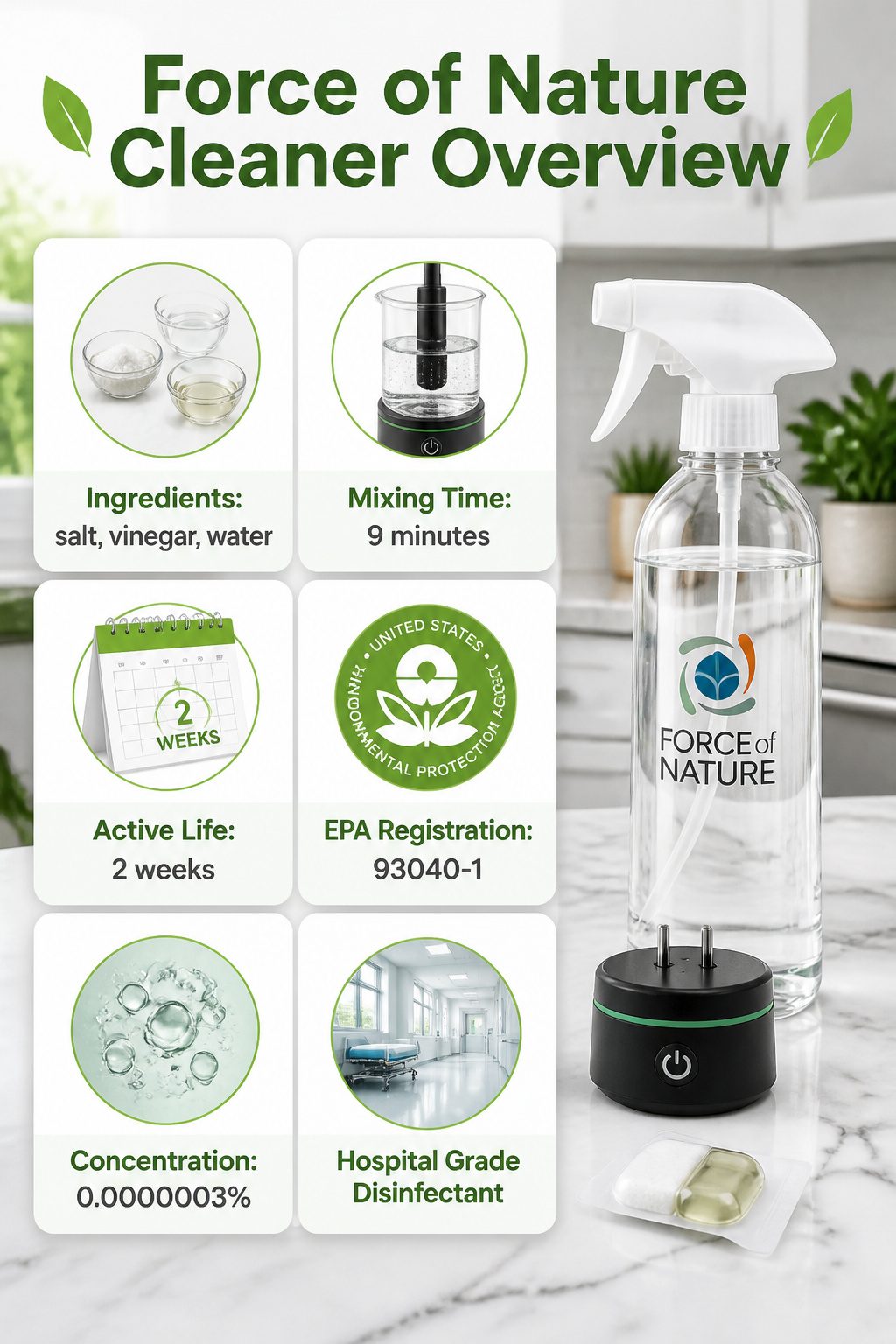 Force of Nature Cleaner Review: What It Cleans and What It Does Not 1 Information image detailing Force of Nature Cleaner ingredients and process.