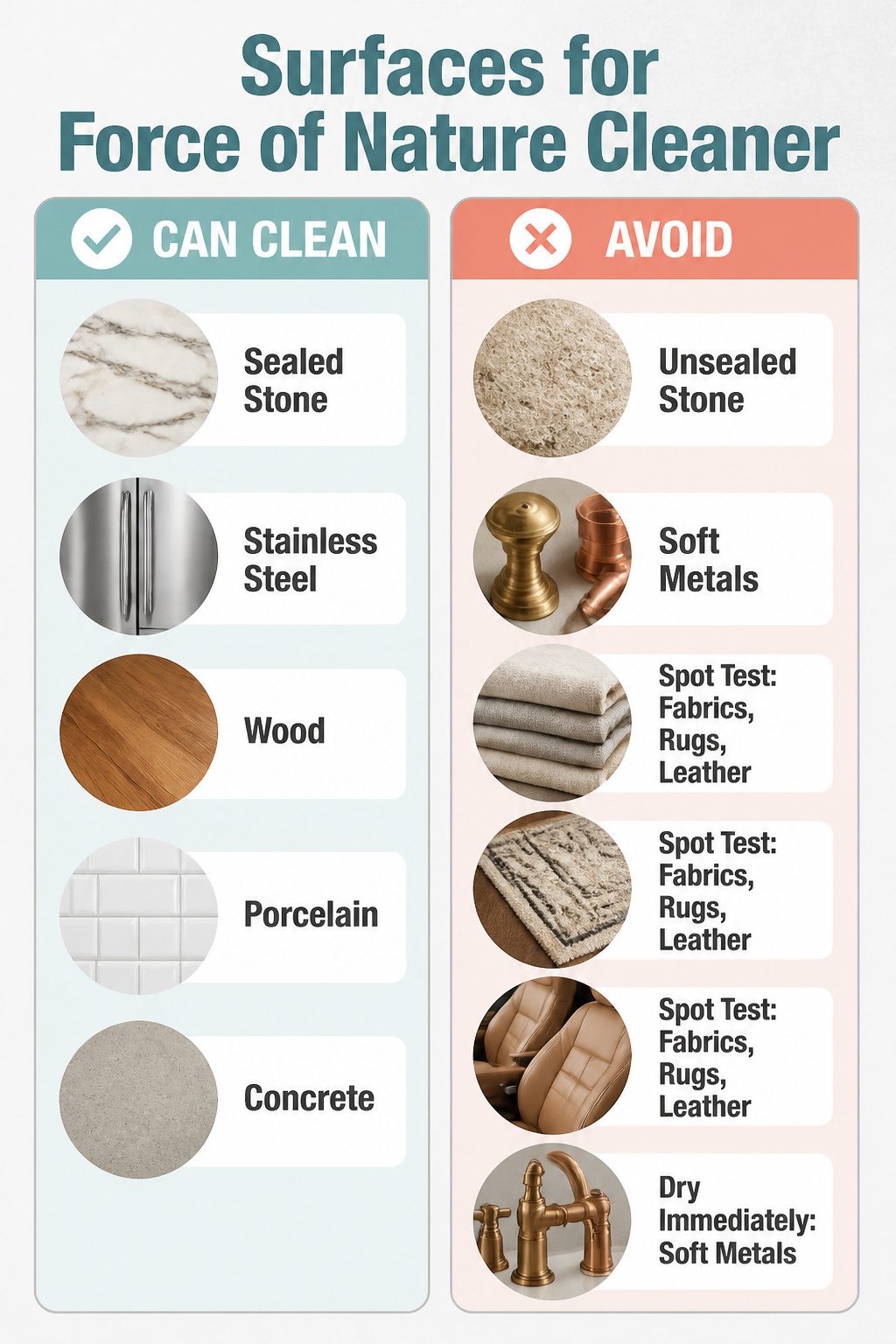 Force of Nature Cleaner Review: What It Cleans and What It Does Not 14 Information image displaying surfaces safe for Force of Nature cleaner.