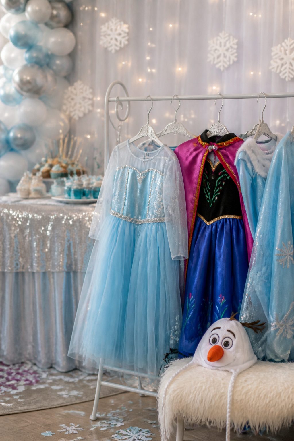 Frozen Themed Birthday Party: Your Complete 2026 Guide 7 Frozen-themed costumes displayed against a decorative backdrop.