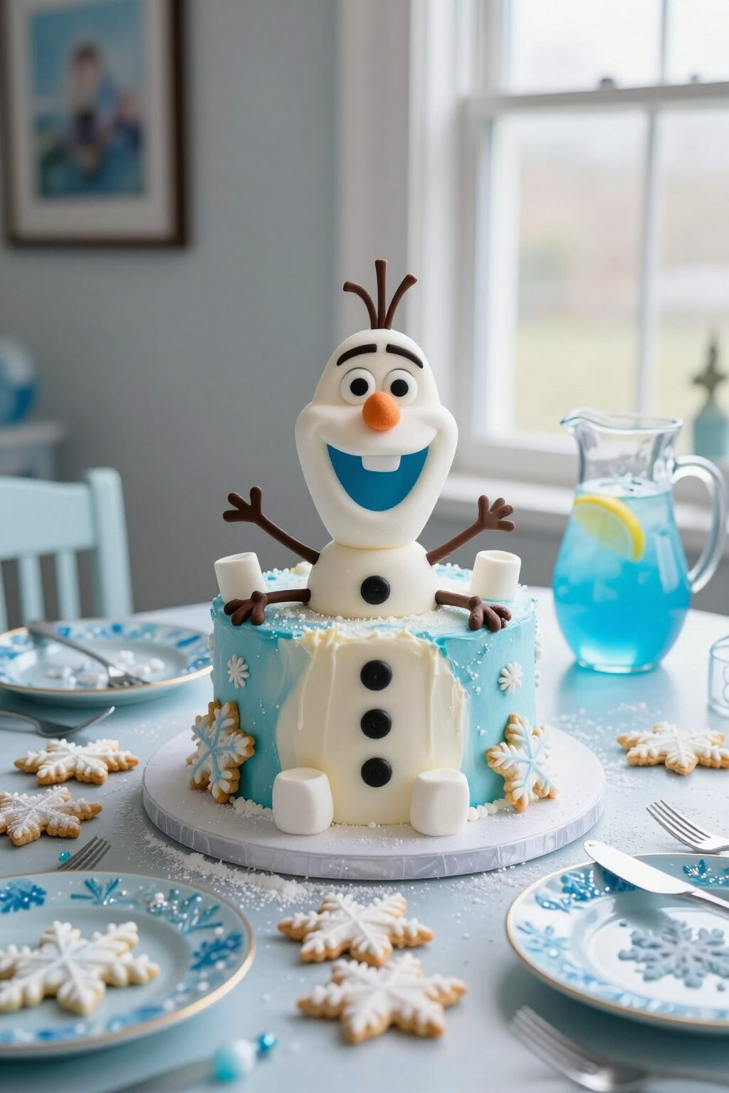Frozen Themed Birthday Party: Your Complete 2026 Guide 3 A decorated Olaf cake with snowflake cookies and blue lemonade.