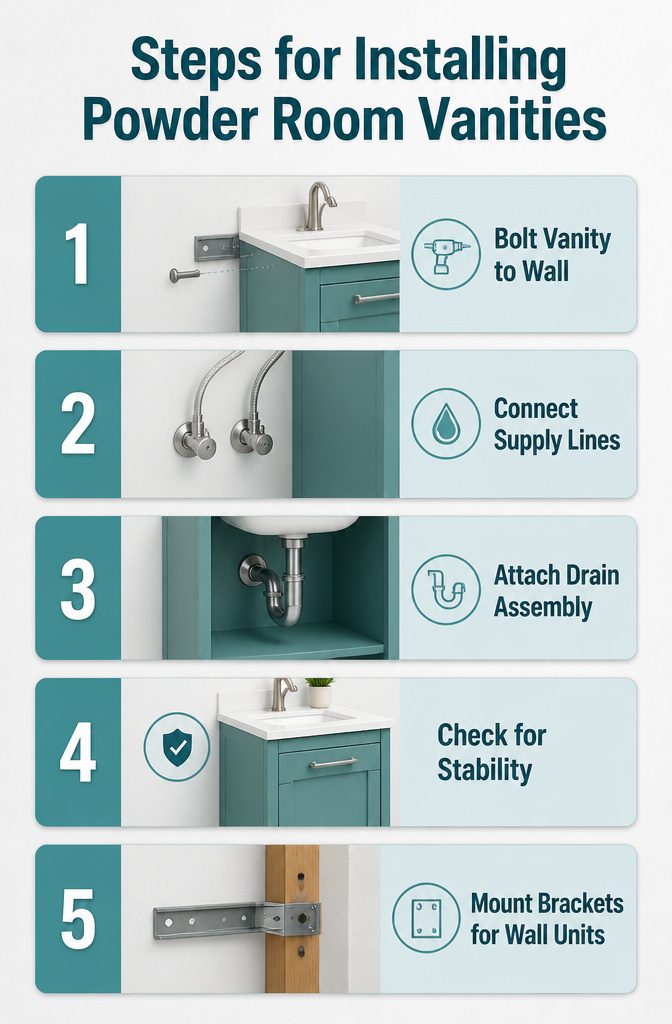 Powder Room Vanity Styles, Sizes & Storage: A Complete Guide 5 An information image detailing steps for installing powder room vanities.
