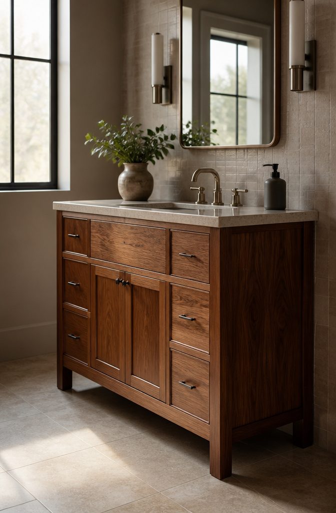 Powder Room Vanity Styles, Sizes & Storage: A Complete Guide 7 A solid wood vanity highlighting its rich grain and elegant finish.