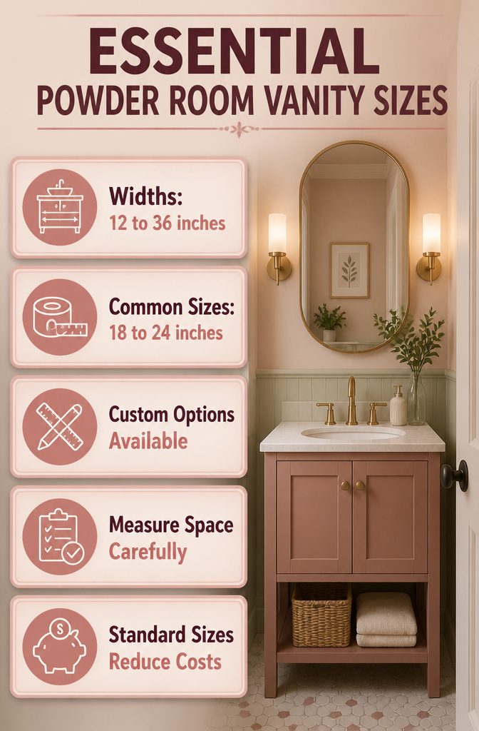 Powder Room Vanity Styles, Sizes & Storage: A Complete Guide 2 An information image showing essential powder room vanity sizes.