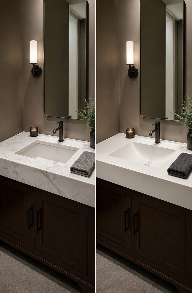 Powder Room Vanity Styles, Sizes & Storage: A Complete Guide 4 A comparison of integrated and vessel sinks for powder room vanities.