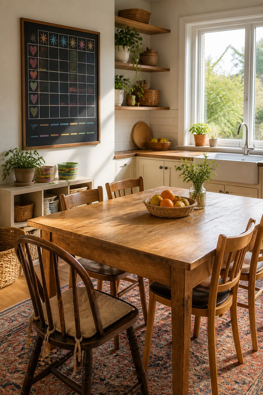 Gentle Parenting Pros and Cons in 2026 8 A kitchen featuring a well-worn table and colorful chalkboard for rules.