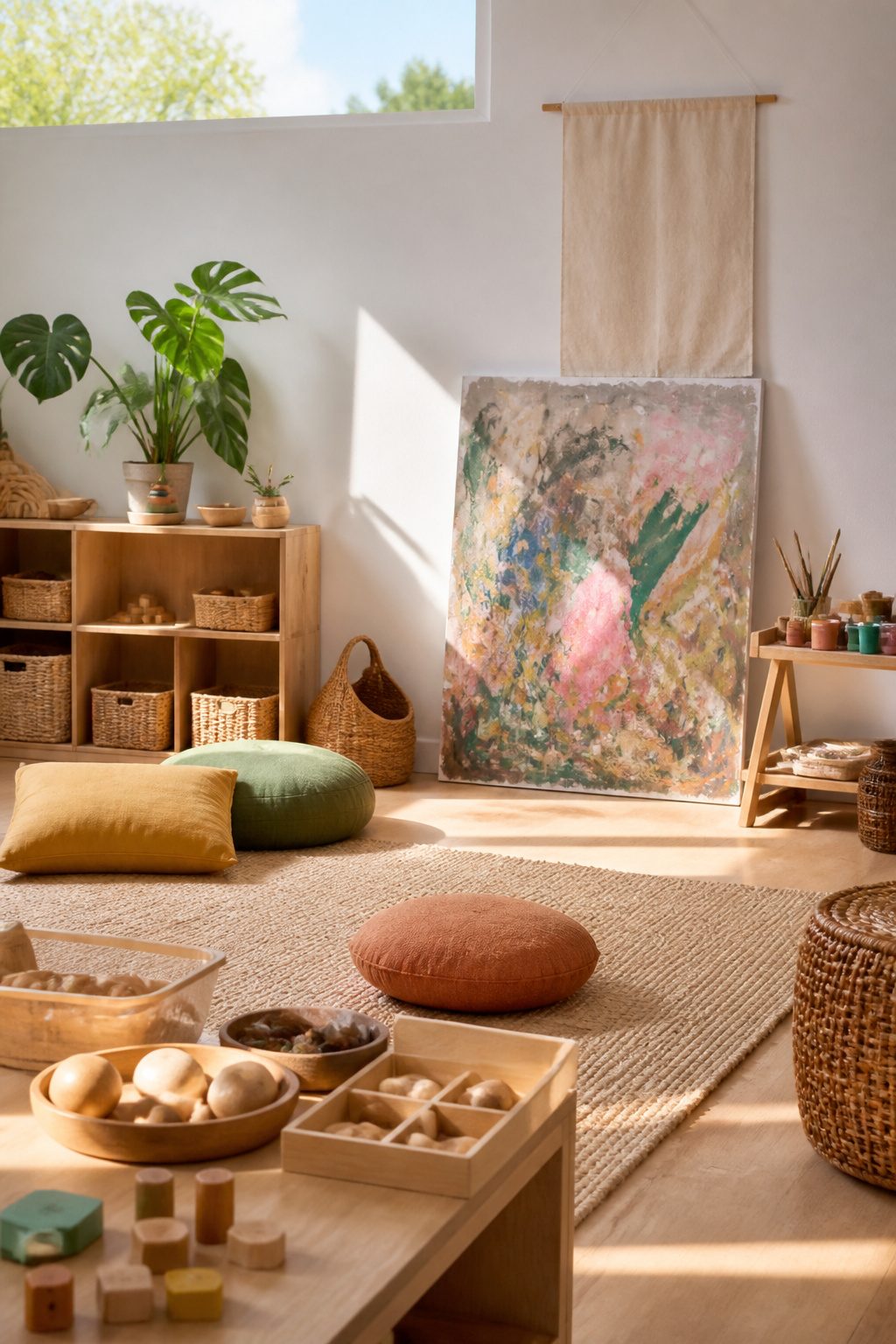Gentle Parenting Pros and Cons in 2026 4 A playroom with colorful art supplies and a large painted canvas.