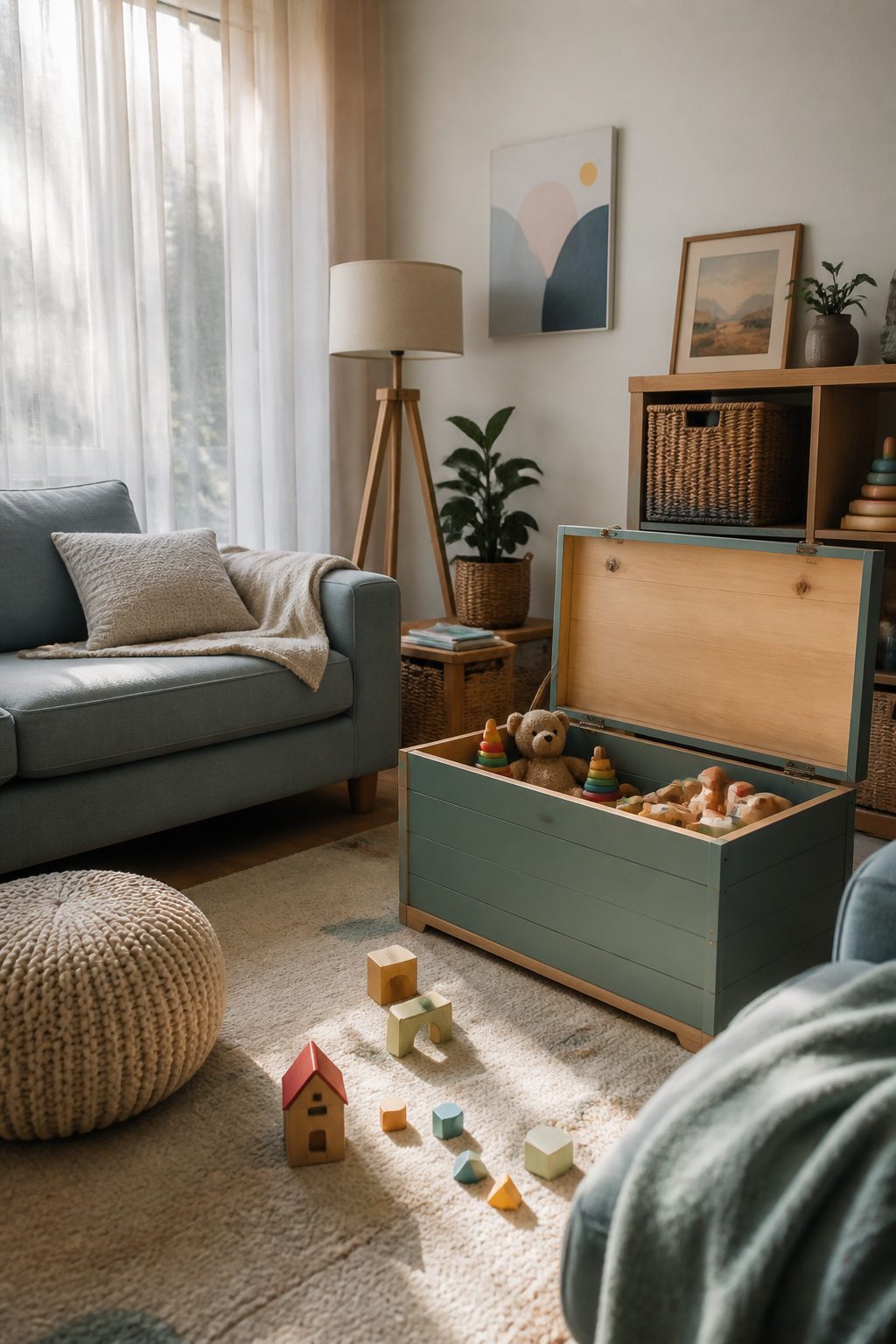 Gentle Parenting Pros and Cons in 2026 2 A softly lit living room with a vibrant toy chest and family photo.