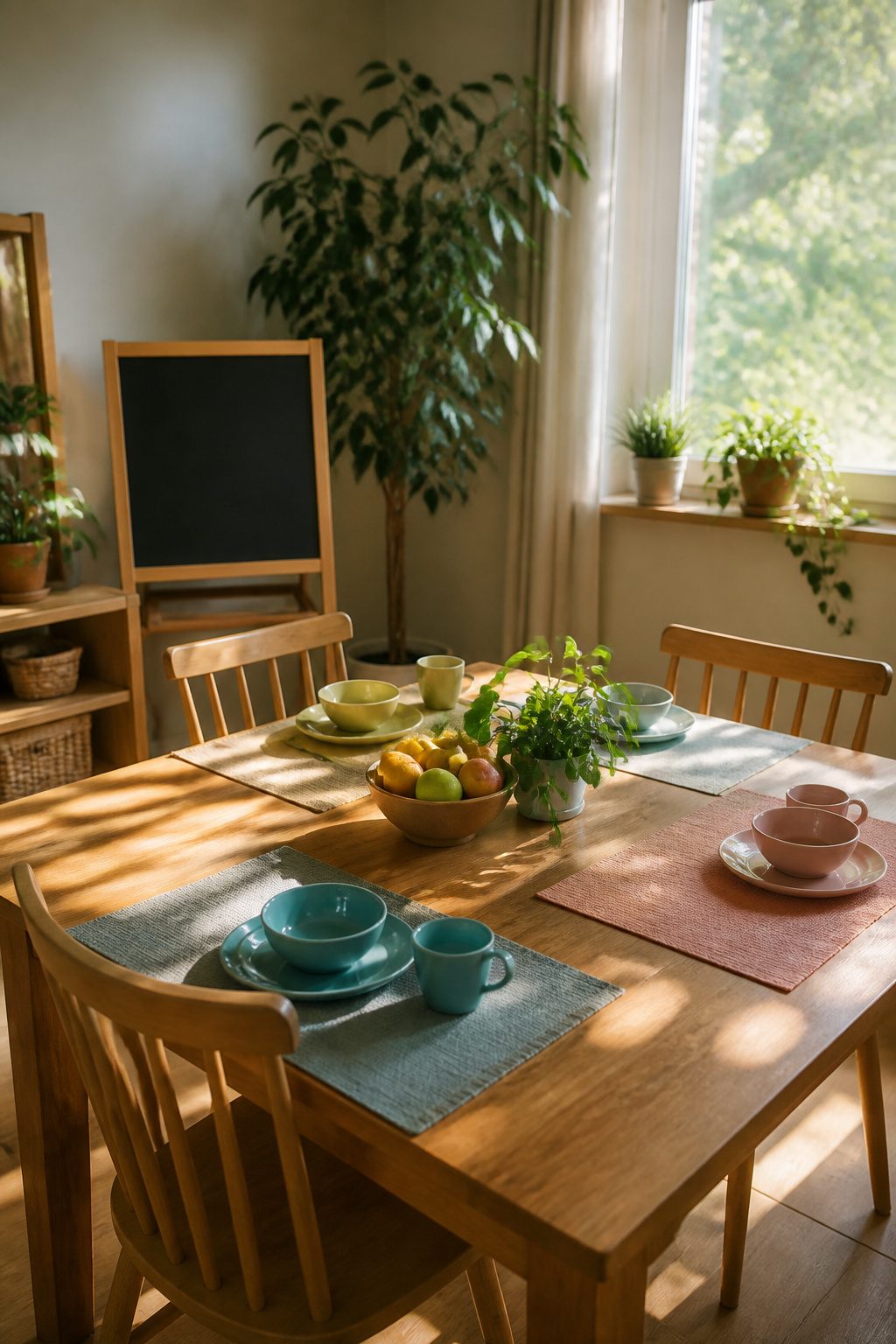 Gentle Parenting Pros and Cons in 2026 5 A dining room with a wooden table and a small chalkboard for family rules.