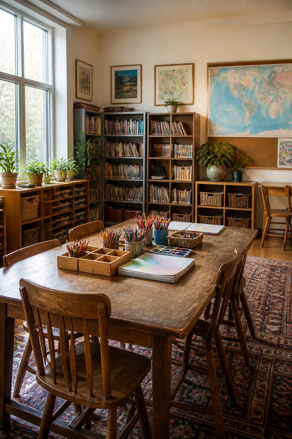Gentle Parenting Pros and Cons in 2026 6 A library with bookshelves and a cluttered table of craft supplies.