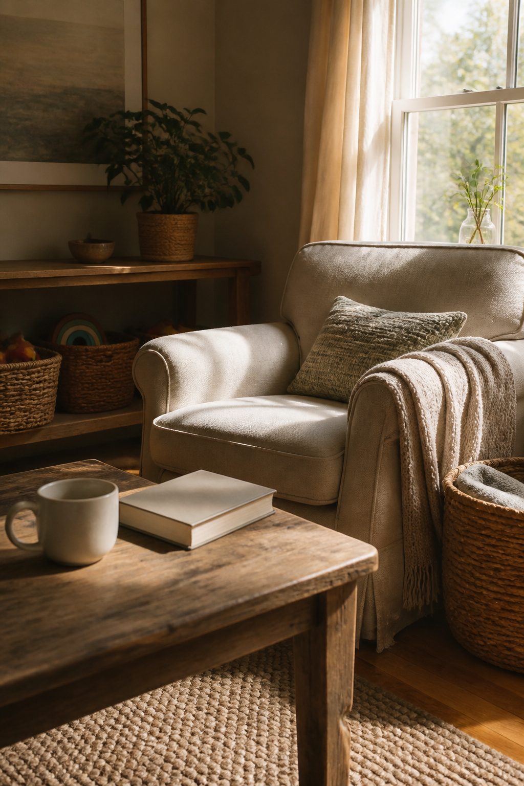 Gentle Parenting Pros and Cons in 2026 7 A living room with soft lighting, a parenting book, and a steaming cup.