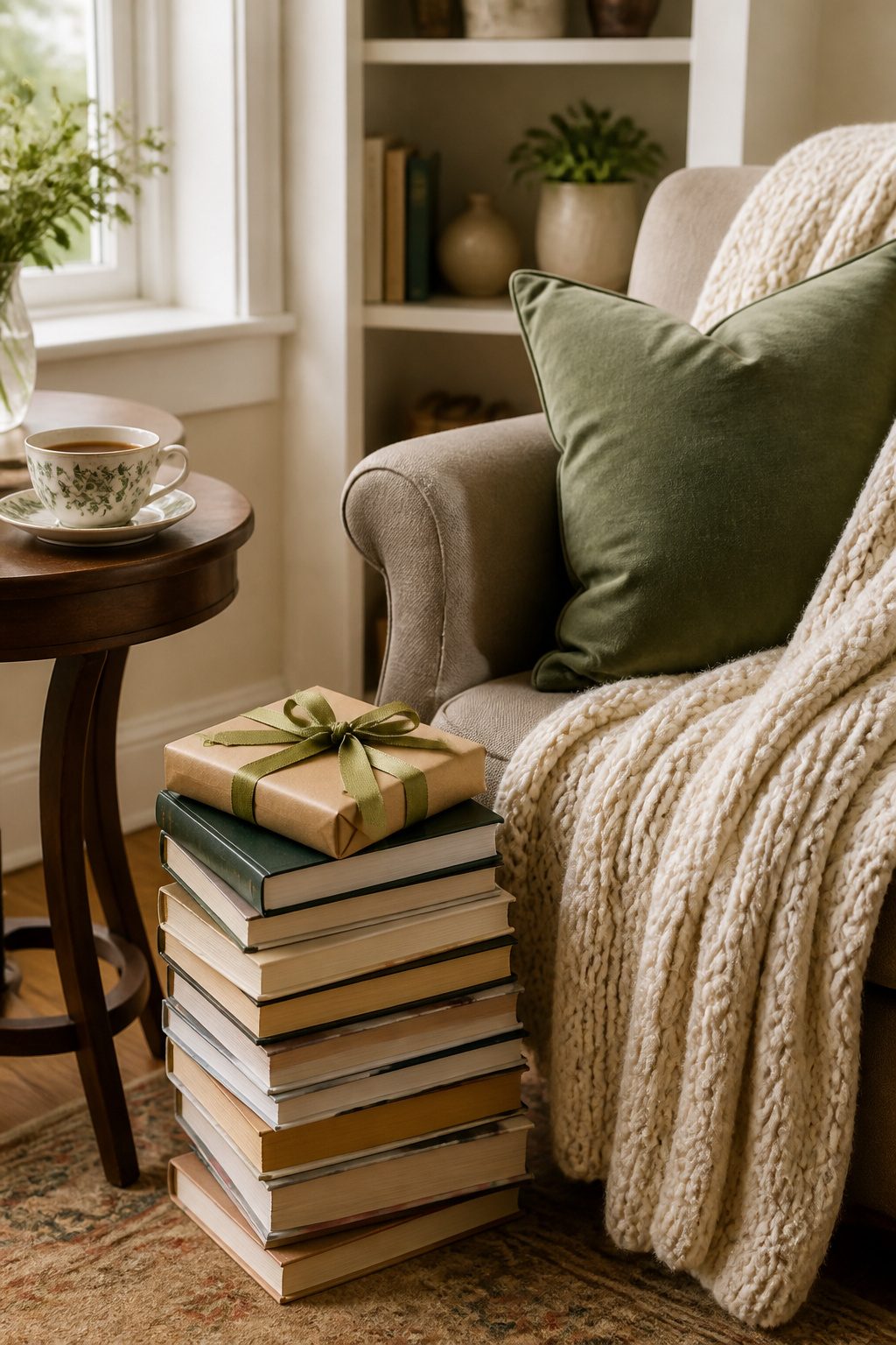 A plush armchair with books and a cup of tea nearby.