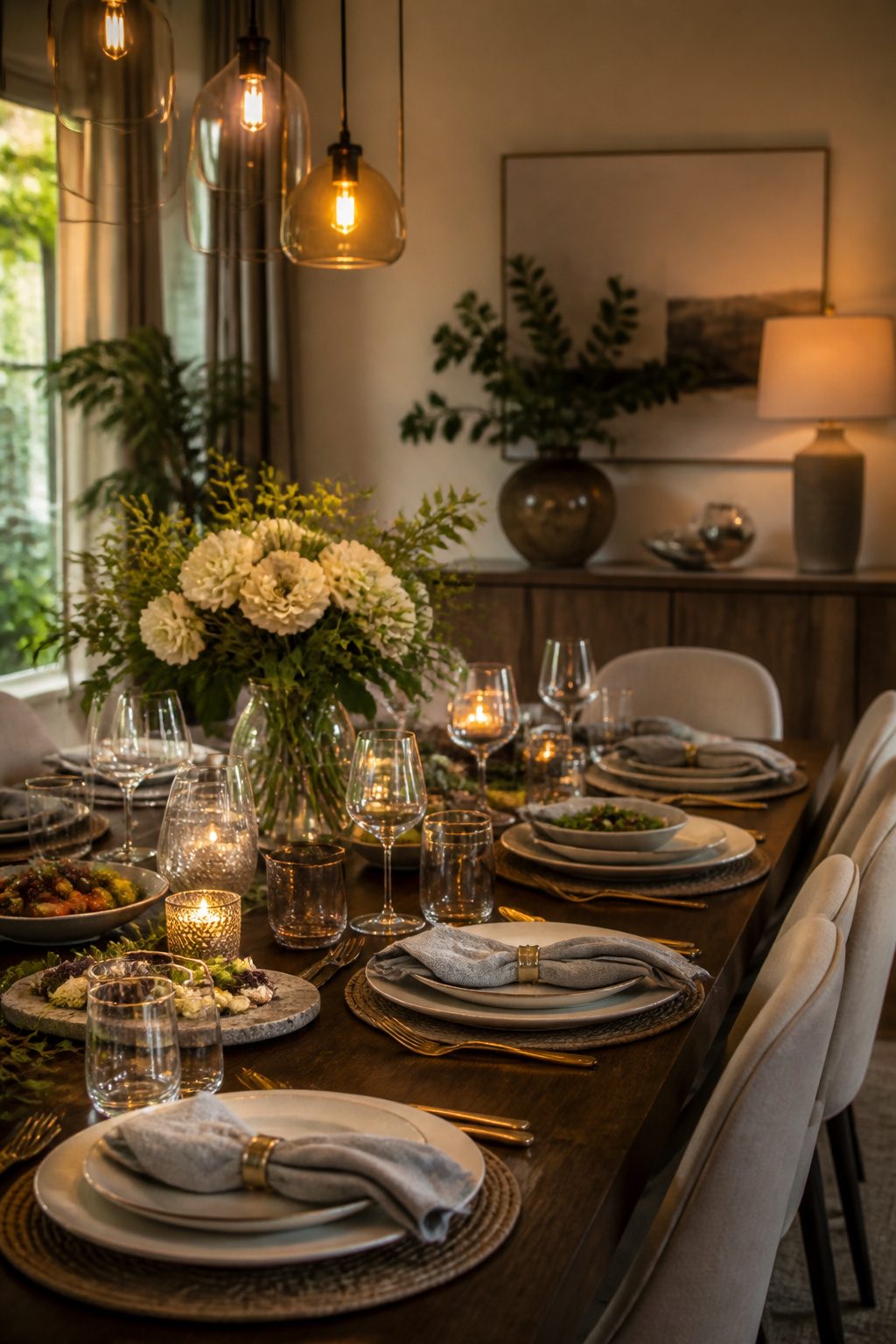 A dining table with gourmet food and fine china setting.
