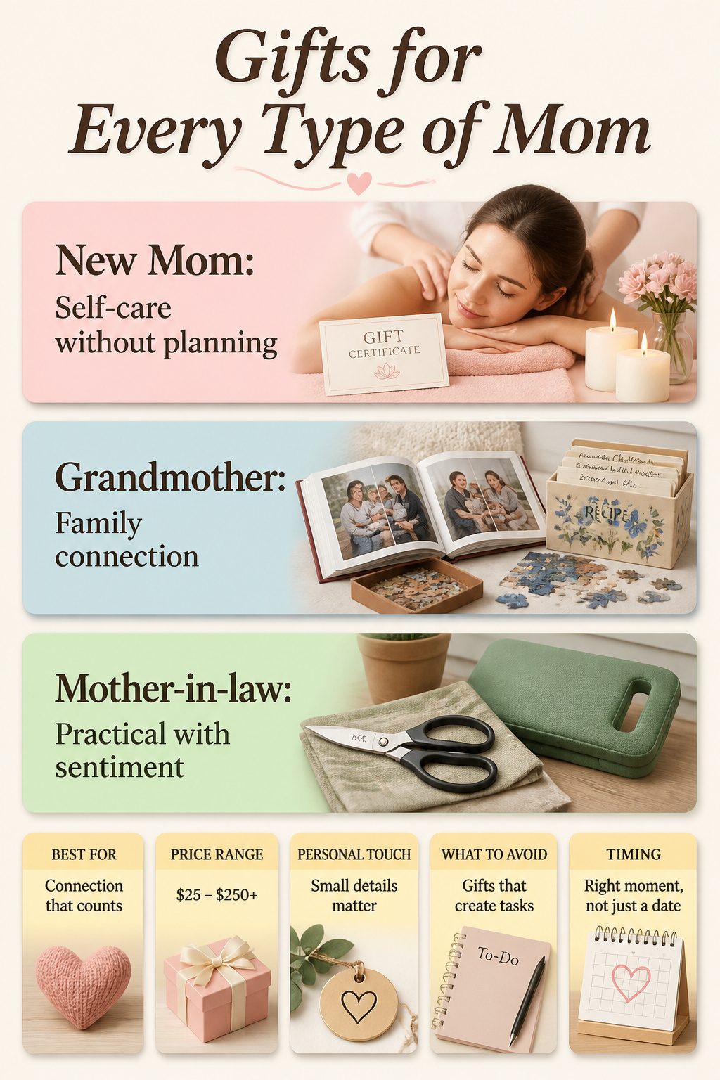 A visual guide to gifts suitable for various mom types.