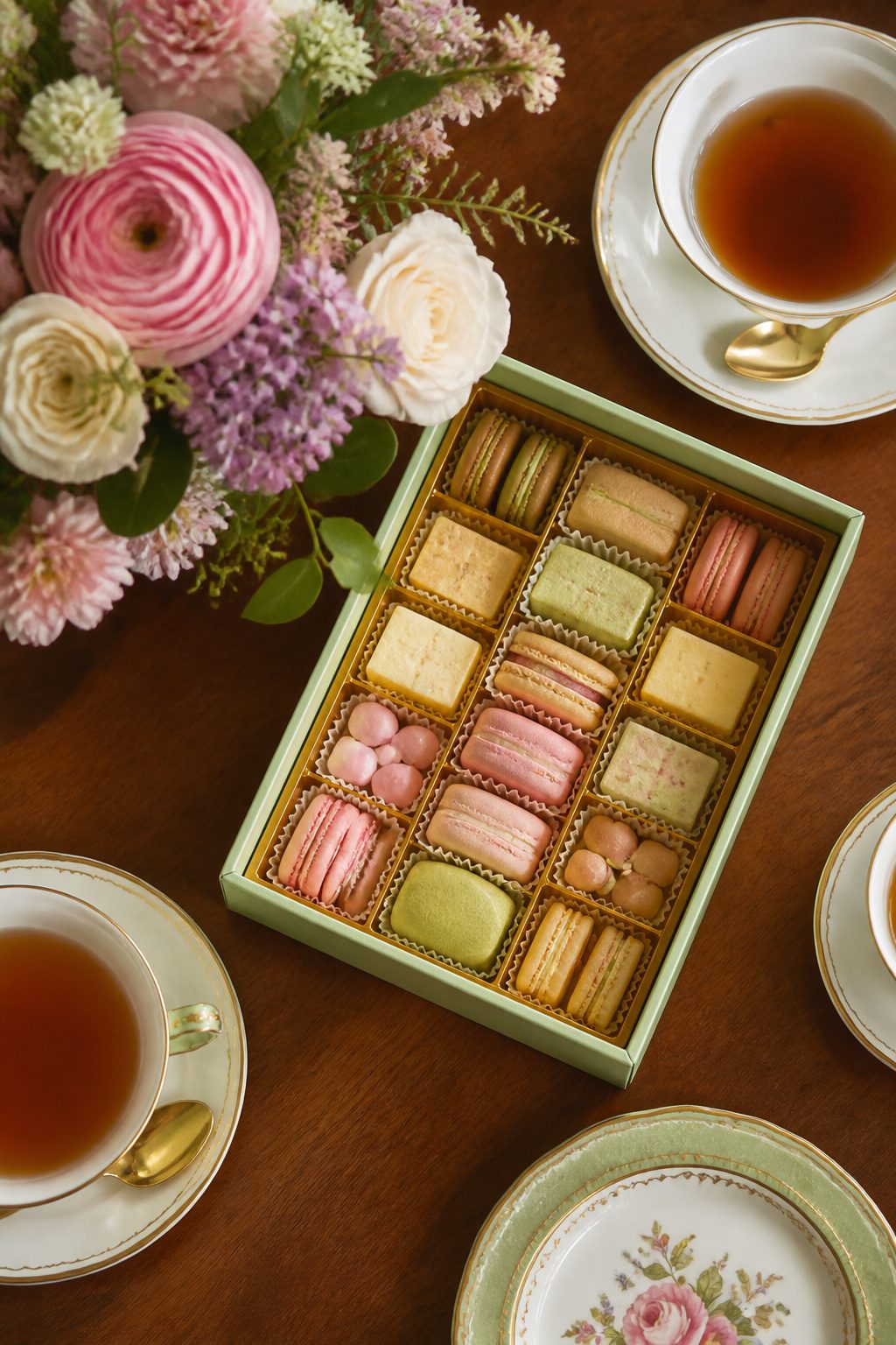 A gift box containing delicate pastries and chocolates.