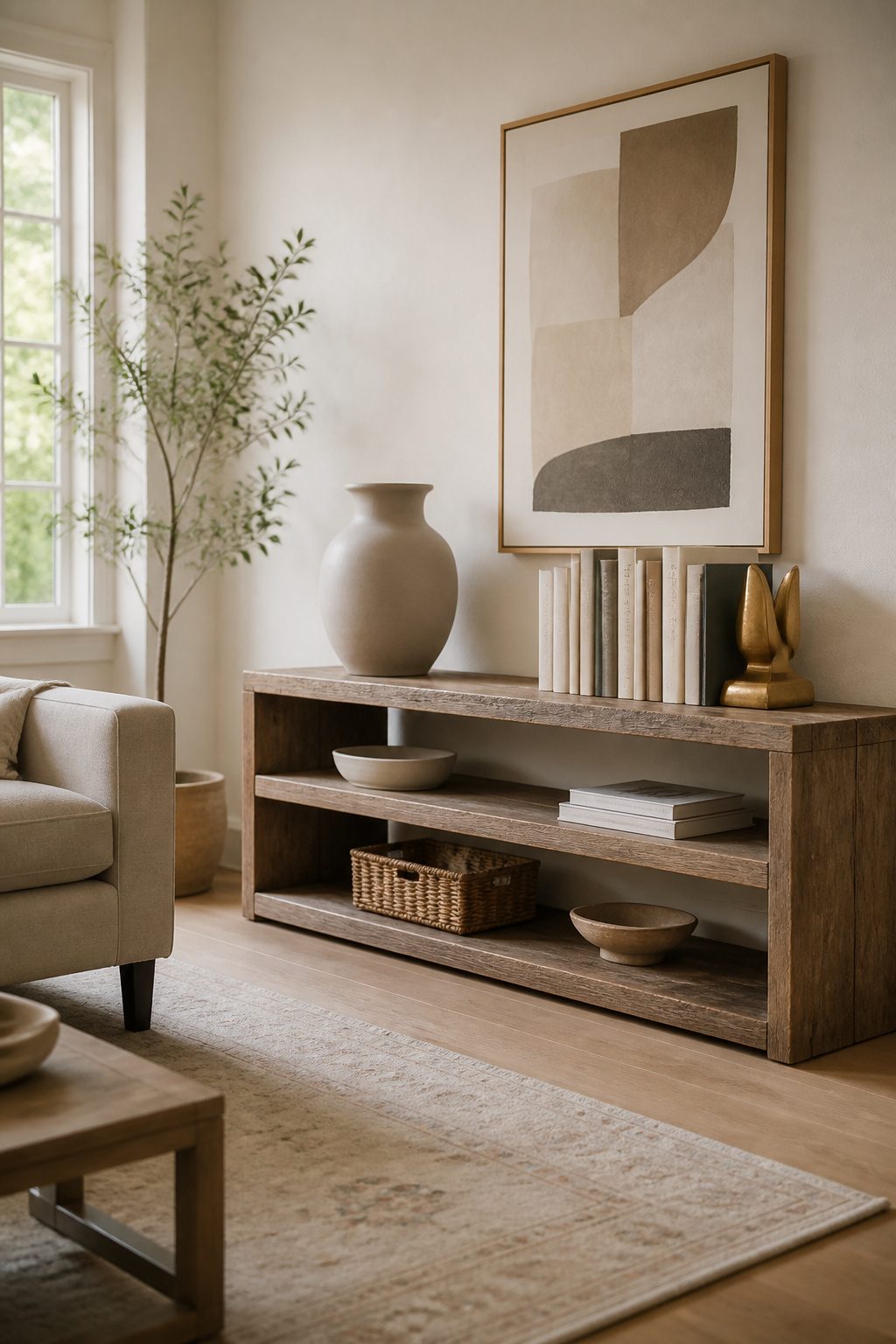 Decorative items including a vase and framed print on a shelf.